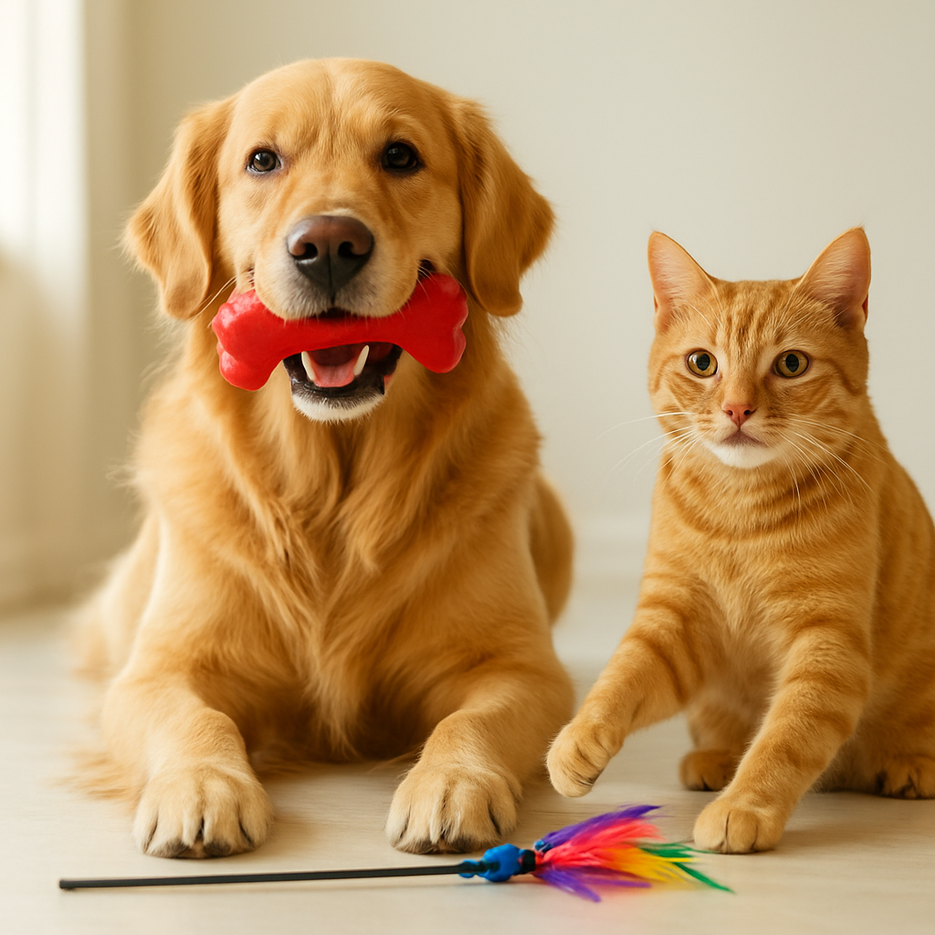 Happy golden retriever and tabby cat playing with Paws Power toys