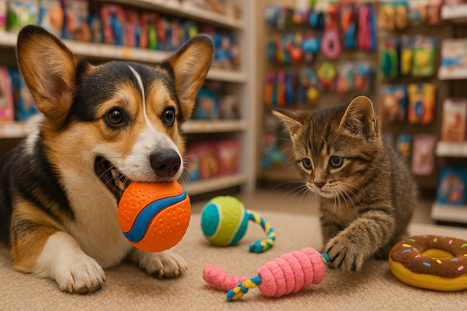 Corgi dog and kitten playing with colorful toys