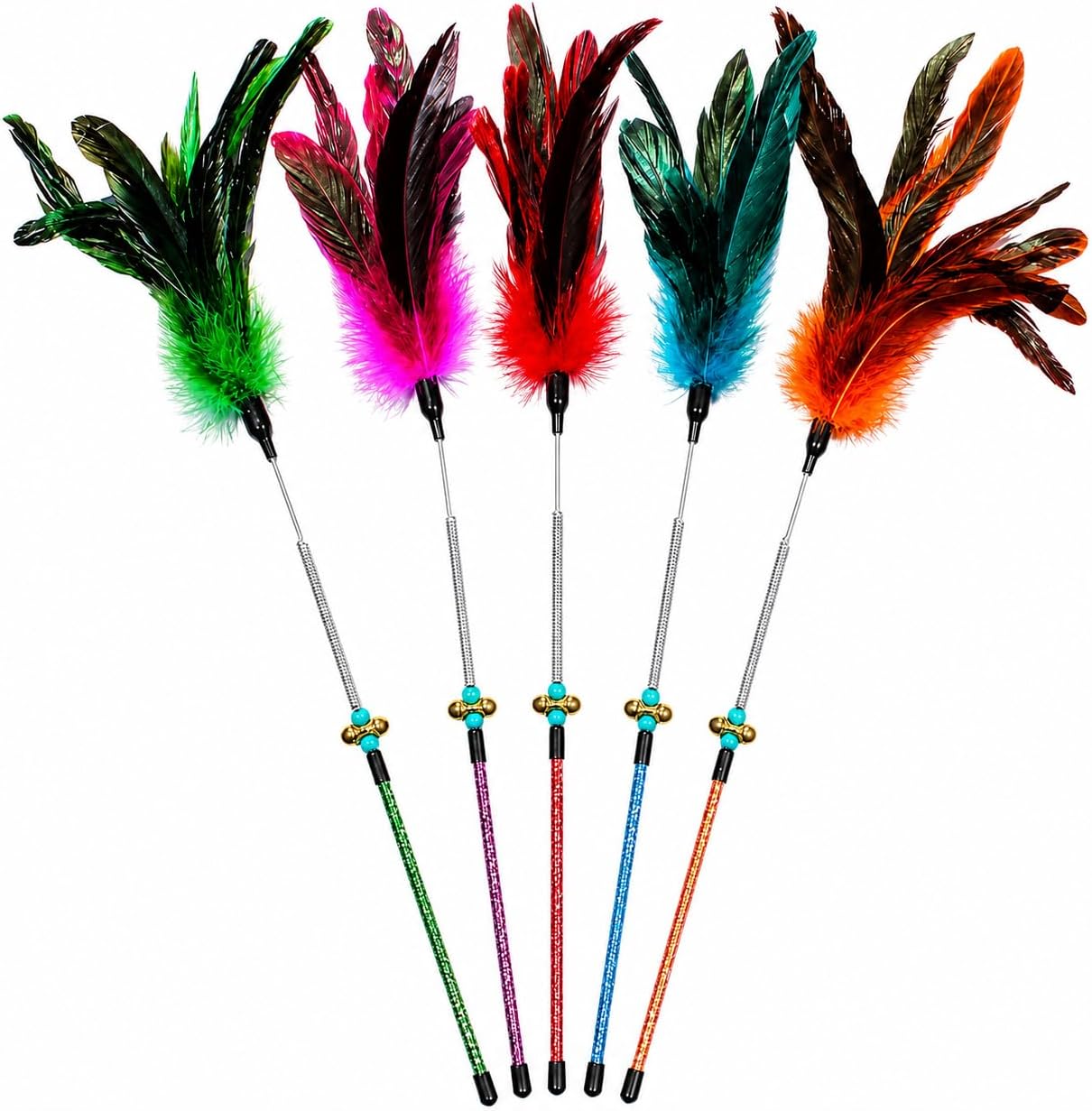 Cat Feather Wand Toy Set - 5 Different Feather Styles in One Pack - Interactive Wand Toys for Indoor Cats and Kittens