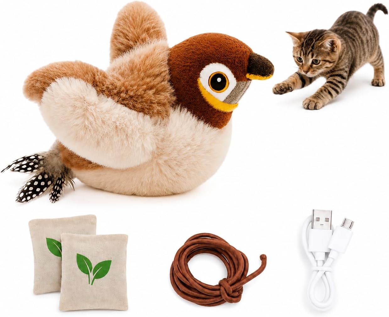 Paws Power Flapping Bird Cat Toy - Rechargeable Sparrow with Lifelike Chirp, 3 Speed Modes
