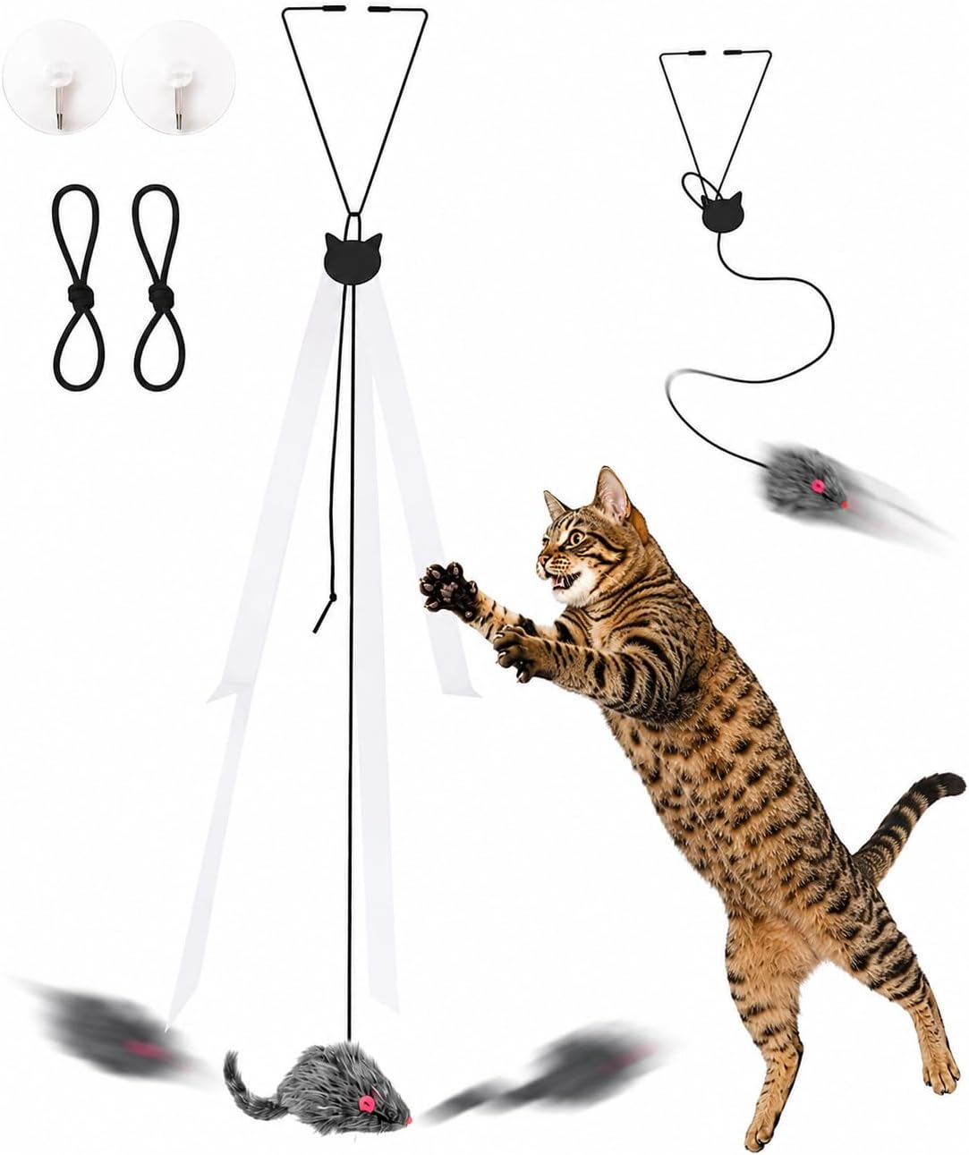 Hanging Door Cat Toy - Self-Play Feather Mouse for Indoor Cats - No Batteries, Extended Pack